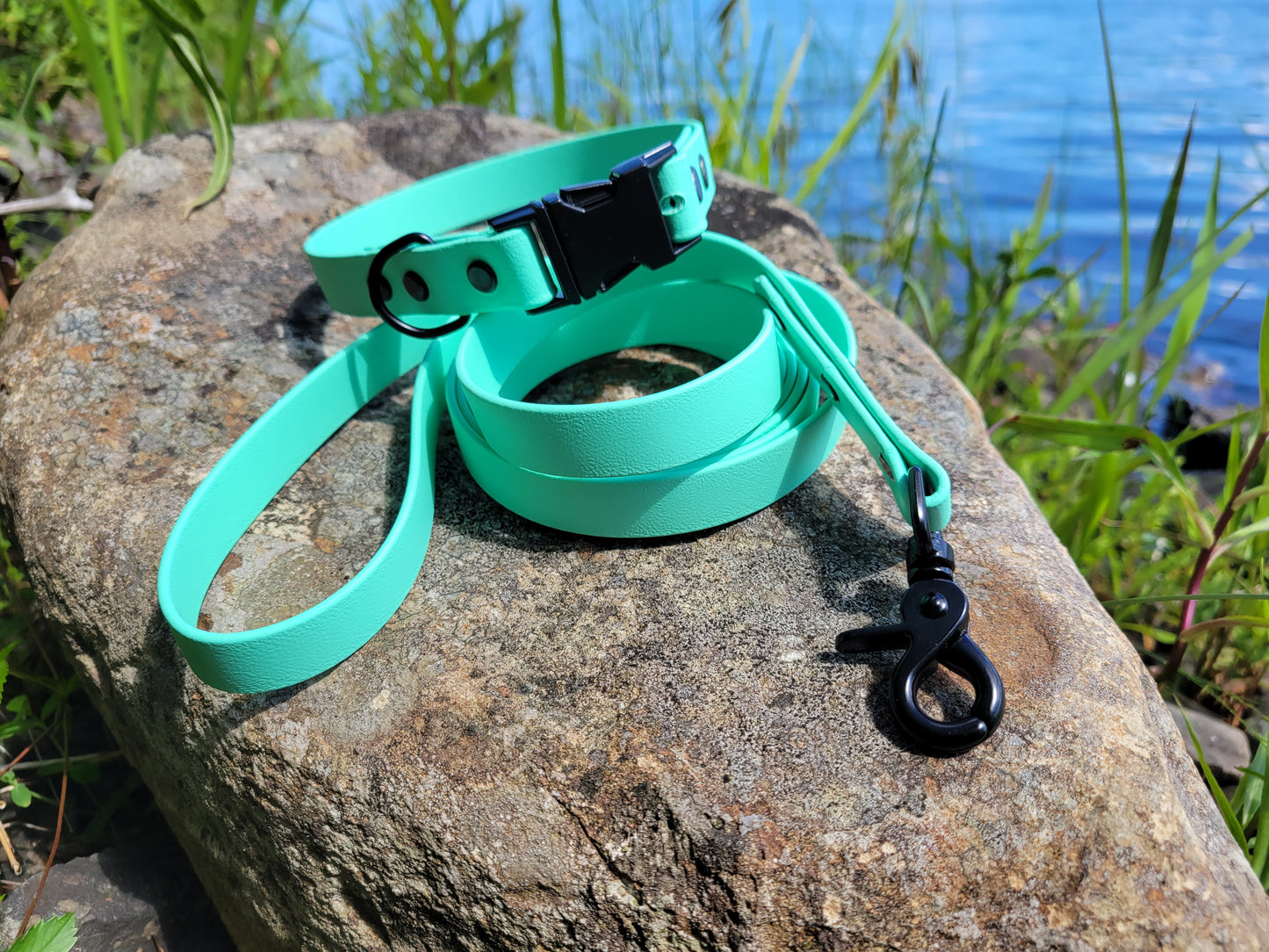 Biothane quick release collar set in Sea Foam with black hardware. This set is 3/4" Biothane width